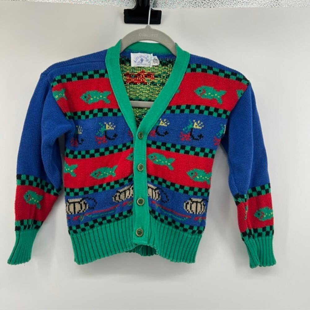 VTG Kitestrings Boys Cardigan Sweater Size 5-6 Cotton Fisherman Fair Isle Green
